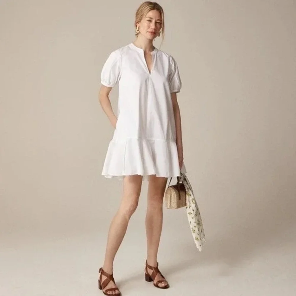 NWT!! J. CREW Delilah Dress Cotton Poplin Solid White Mini Ruffle Small‎ Tall ST